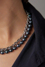 Колье Твин 2 ряда бензинового жемчуга и цепь ролло, оттенок серебро