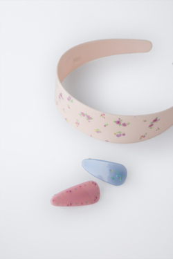 ZARA НАБОР ИЗ ОБОДКА И ЗАКОЛОК ДЛЯ ВОЛОС С ЦВЕТОЧНЫМ ПРИНТОМ, ЭКРЮ