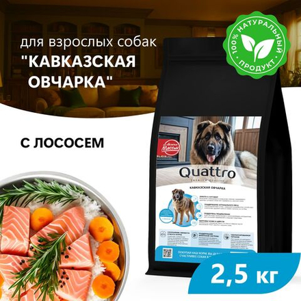 Корм сухой для взрослых собак породы Кавказская овчарка, премиум полнорационный комплекс, с лососем, 2,5 кг, QUATTRO