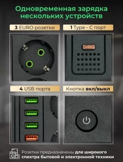 Сетевой фильтр 2 метра Удлинитель с USB и Type-c