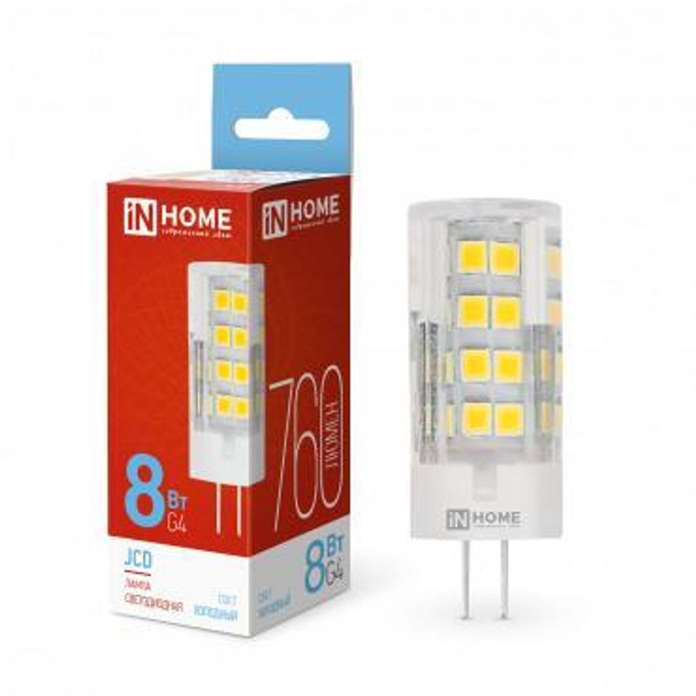 Лампа светодиодная LED-JCD 8Вт капсульная прозрачная 6500К холод. бел. G4 760лм 230В IN HOME 4690612036229