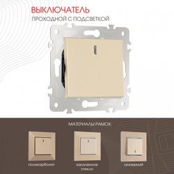 Выключатель проходной одноклавишный с подсветкой без рамки Arte Milano 203 203.33-1.shampan
