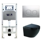 Унитаз подвесной WeltWasser AMBERG 506 ST + MERZBACH 043 GL-BL + AMBERG RD-CR черный глянцевый, безободковый, с крышкой микролифт, слив-торнадо, с инсталляцией и кнопкой хром глянцевый