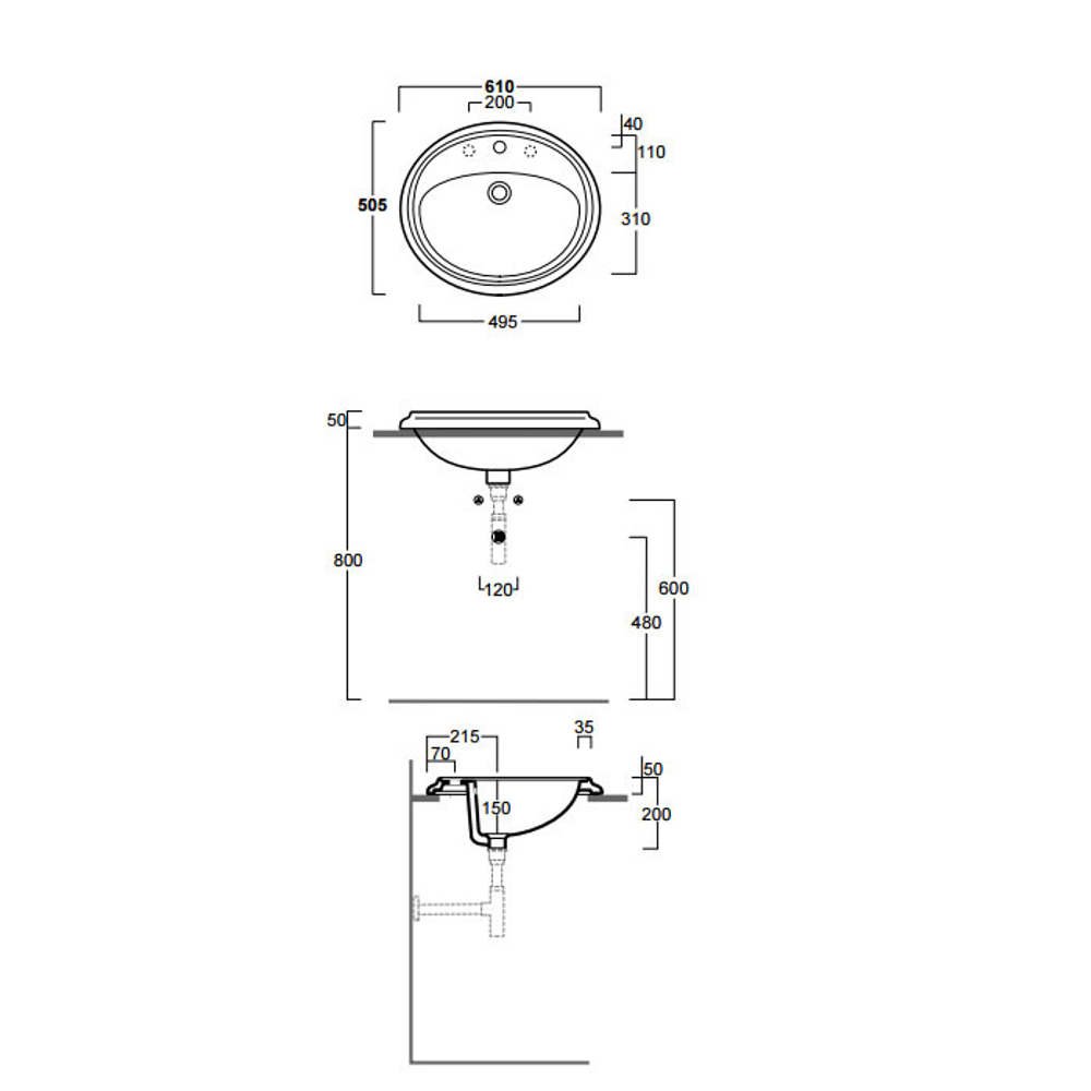 Раковина  SIMAS Arcade AR859bi*3  встроенная 61x50,5см с 3 отв. под смеситель схема