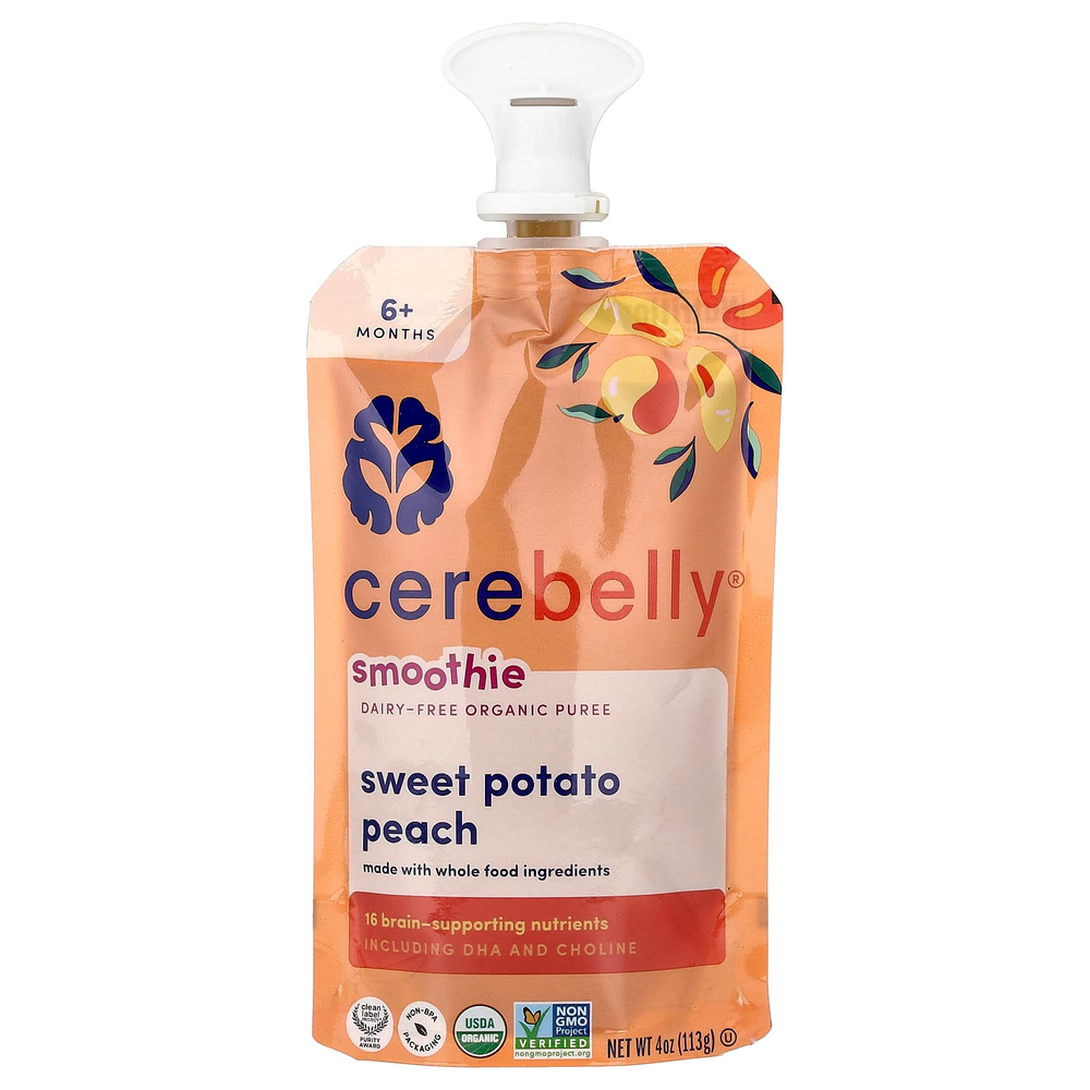 Cerebelly, смузи, органическое пюре без молочных продуктов, для детей от 6 месяцев, батат и персик, 113 г (4 унции)