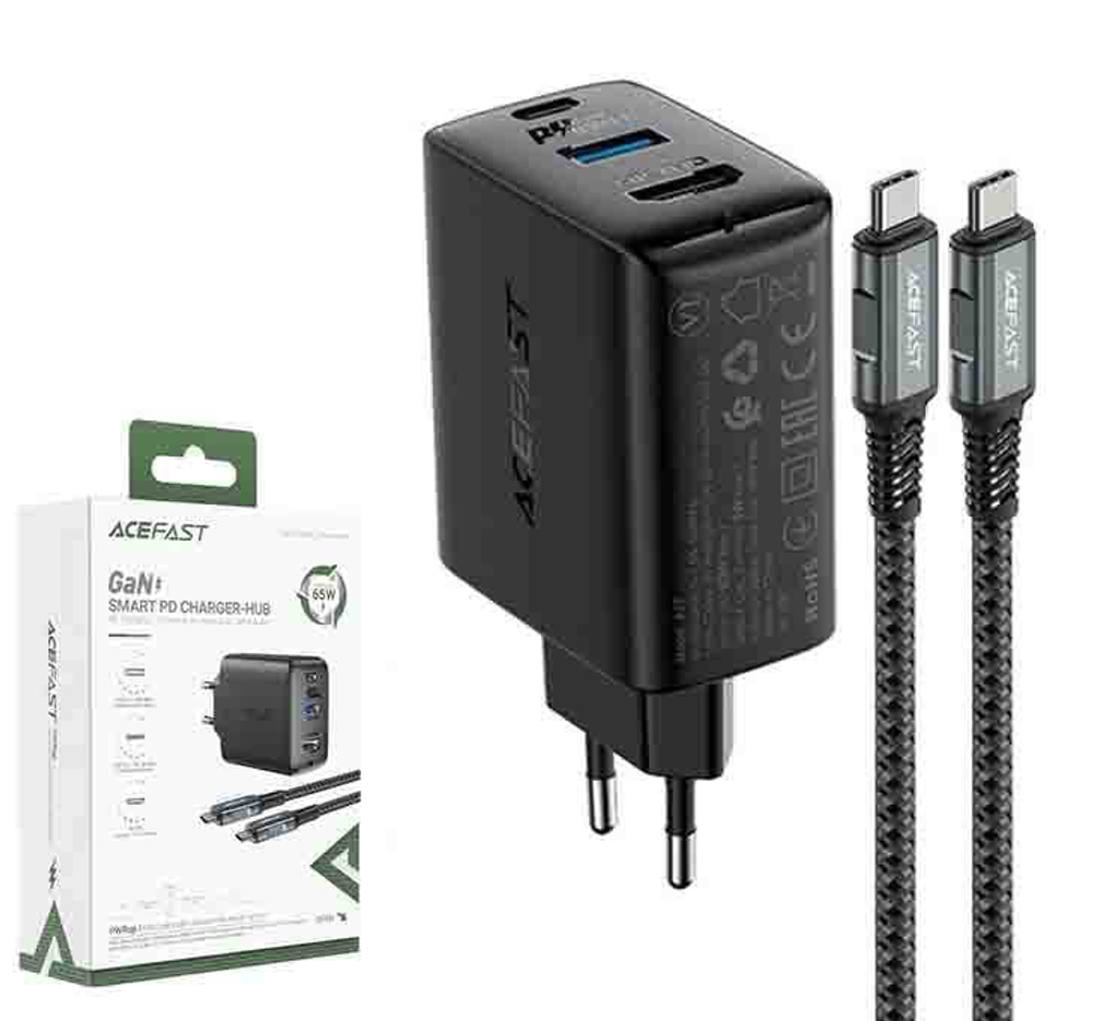 Сетевой адаптер питания ACEFAST A17 USB-C/USB/4K/HD 65W + кабель Type-C - Type-C (черный)