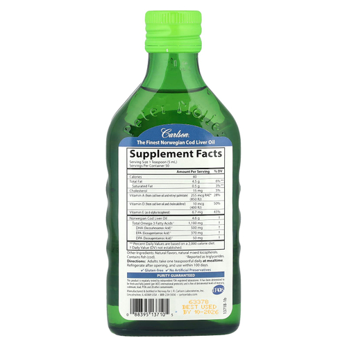 Carlson, Cod Liver Oil, Natural Green Apple , 1,100 mg, 8.4 fl oz (250 ml)