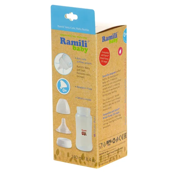 Бутылочка для кормления Ramili Baby 240ML, 0+, слабый поток, противоколиковая