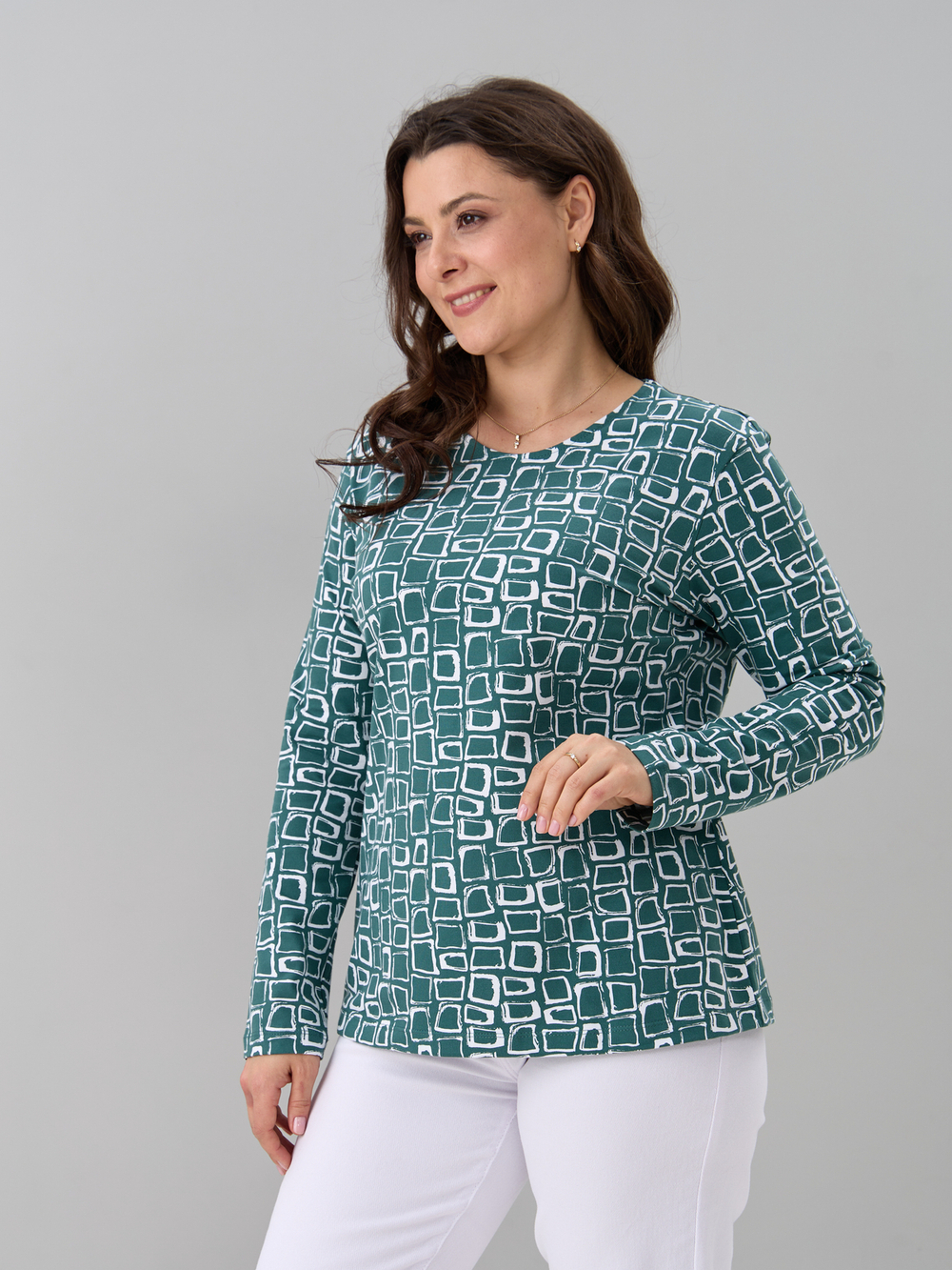 Лонгслив ЛНкл-081/изумруд-квадратбелый