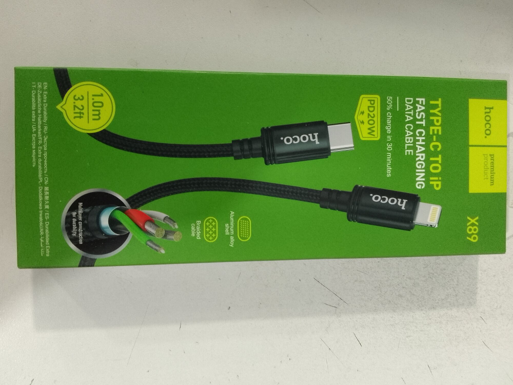Кабель Type-C - 8 pin HOCO X89 Wind, 1м, 3A, PD20Вт, тканевый черный