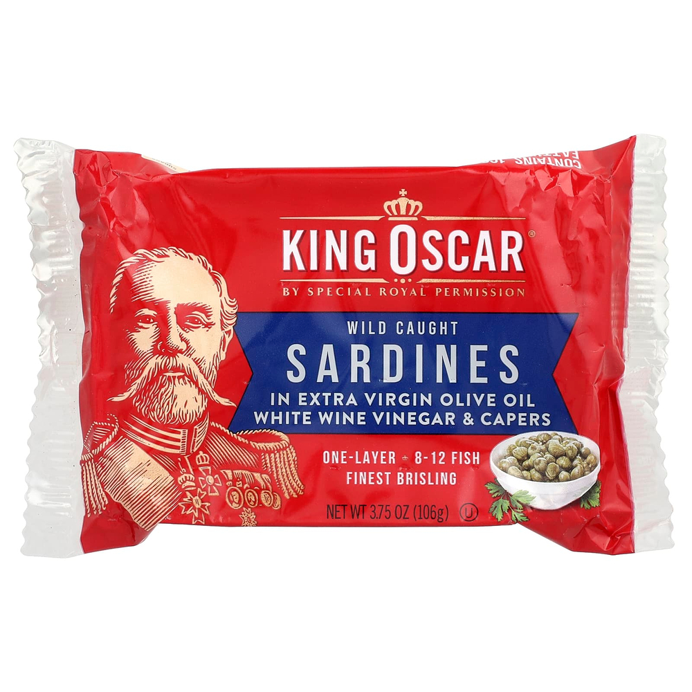 King Oscar, сардины дикого улова, в нерафинированном оливковом масле высшего качества, с белым винным уксусом и каперсами, 106 г (3,75 унции)