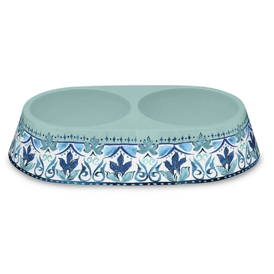 TARHONG Миска для собак и кошек двойная "Gibraltar", бирюзовая с рисунком, 38.4х23.1х7.7см/ 2x950мл