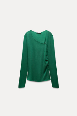 ZARA ТРИКОТАЖНЫЙ ТОП СО СБОРКАМИ ПО БОКАМ, ЗЕЛЕНЫЙ