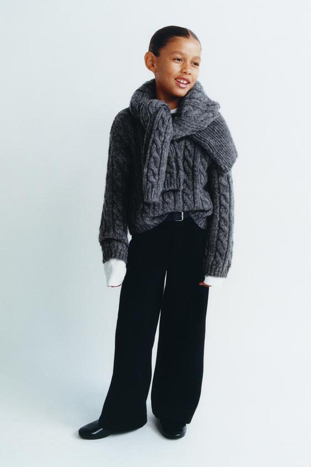 ZARA СВИТЕР С УЗОРОМ «КОСЫ», СЕРЫЙ С МЕЛАНЖЕВЫМ ЭФФЕКТОМ