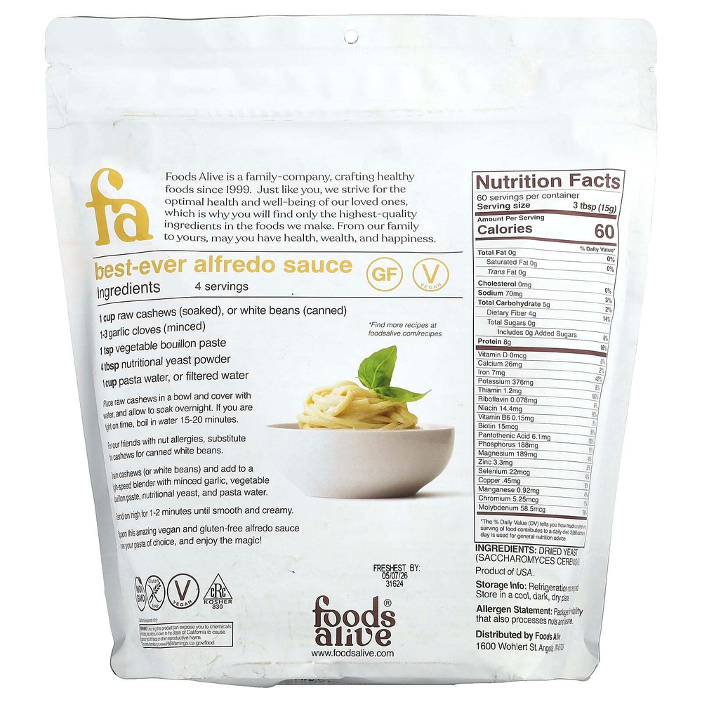 Foods Alive, пищевые дрожжи в хлопьях, необогащенные, 907 г (2 фунта)