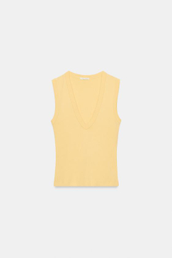 ZARA ХЛОПКОВАЯ ФУТБОЛКА С V-ОБРАЗНЫМ ВЫРЕЗОМ, ЖЕЛТЫЙ