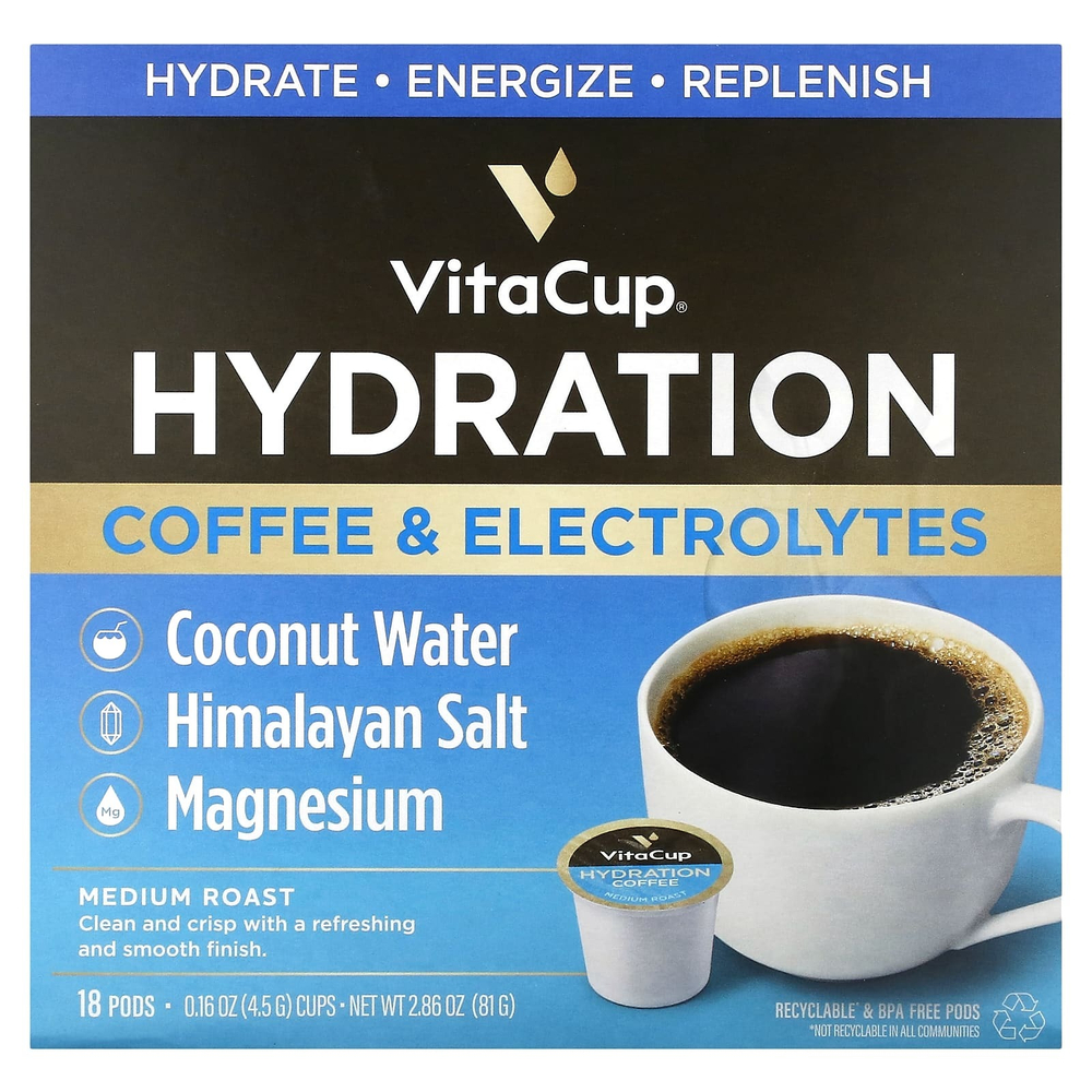 VitaCup, кофе и электролиты для гидратации, средней обжарки, 18 капсул по 4,5 г (0,16 унции)