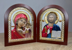 Складень, Спаситель, Казанская БМ, икона арочная, красное дерево, эмаль 140x200