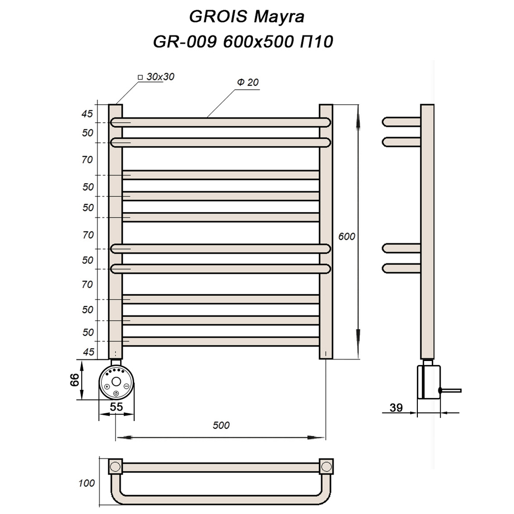 Полотенцесушитель GROIS Mayra GR-009 500х600 П10 (2+3+2+3) RAL9005 черный матовый