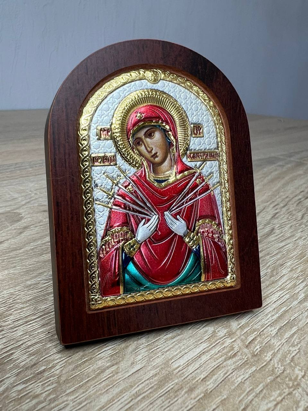 Семистрельная БМ, икона арочная, красное дерево, эмаль  60х75