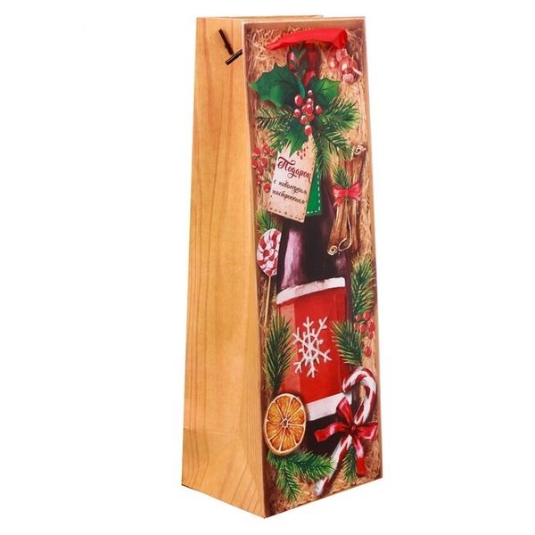 Пакет под бутылку крафтовый «Подарок с новогодним настроением», 12 × 36 × 10 см
