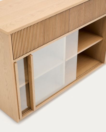 Сервант Helvine с 4 дверцами и 4 ящиками шпон дуба и закаленное стекло, 200 x 75