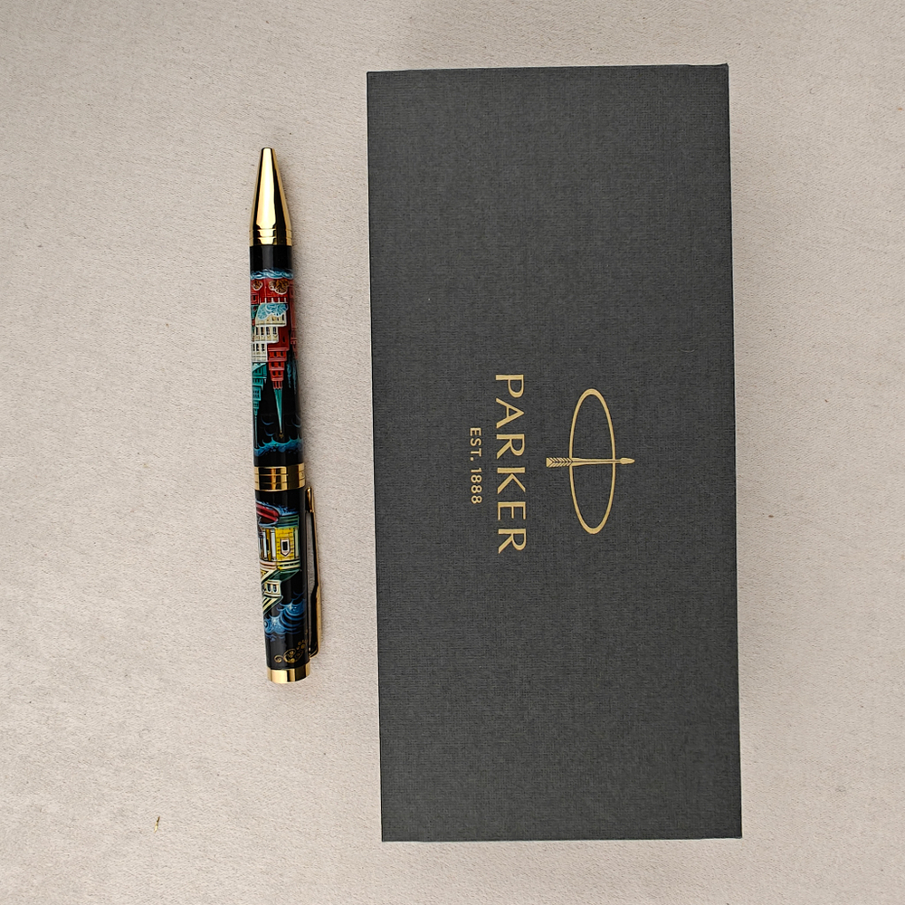 Коллекционная шариковая ручка Parker "Ingenuity Black GT" с поворотным механизмом "Москва" с ручной росписью в коробке