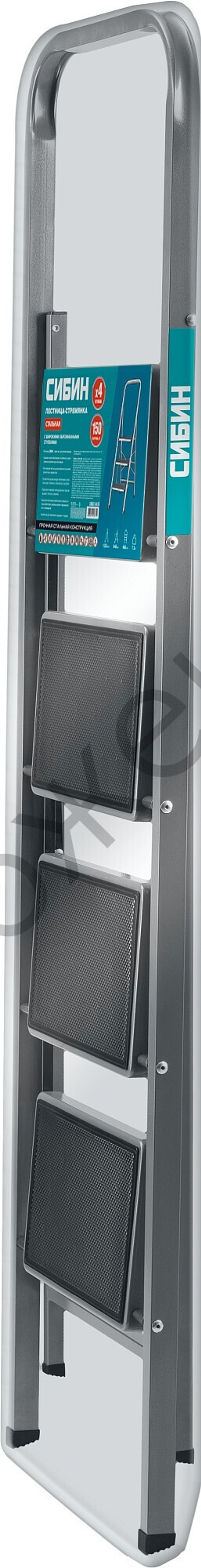 СИБИН 4 ступени, 95 см, c широкими обрезиненными ступенями, стальная, стремянка (38807-04)