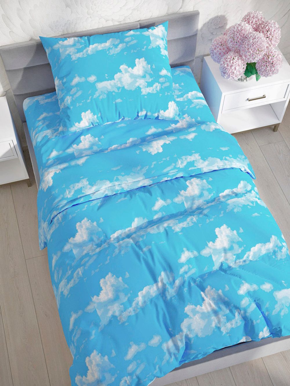 Постельное белье Сказка "Сlouds" 1,5-сп Наволочка 50х70 см 1 шт Простынь на резинке 90х200 см Пододеяльник 145х215 см, перкаль