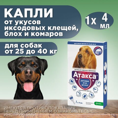 Капли от блох, клещей, вшей, власоедов, а так же кровососущих мух и комаров для собак 25-40 кг Атакса (KRKA), 1 пипетка Имидаклоприд/Перметрин