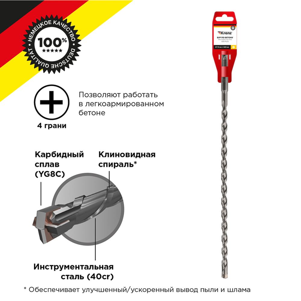 Бур по бетону 10x460x400мм, крестовая пластина, хвостовик SDS-plus KRANZ