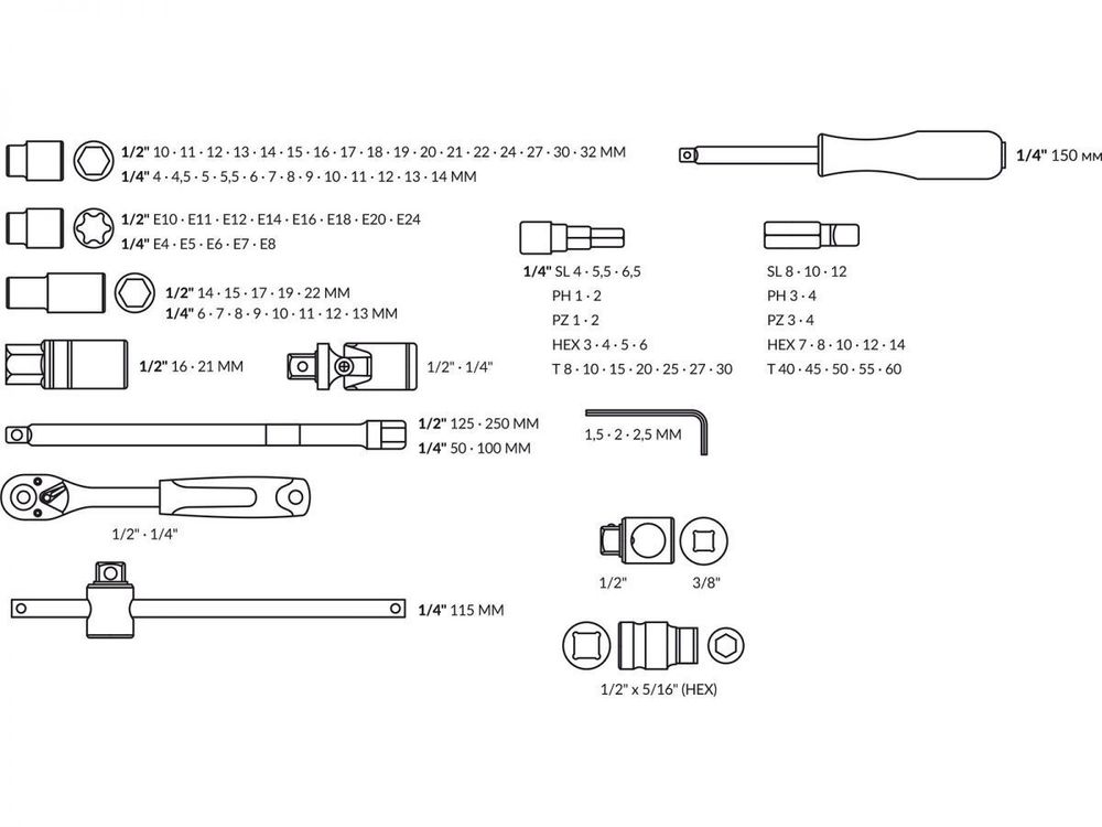 Набор головок и бит 108 предметов TREK (1/4", 1/2", 6 граней )