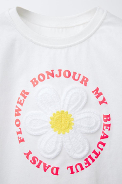 ZARA ФУТБОЛКА С МАХРОВОЙ НАШИВКОЙ, БЕЛЫЙ