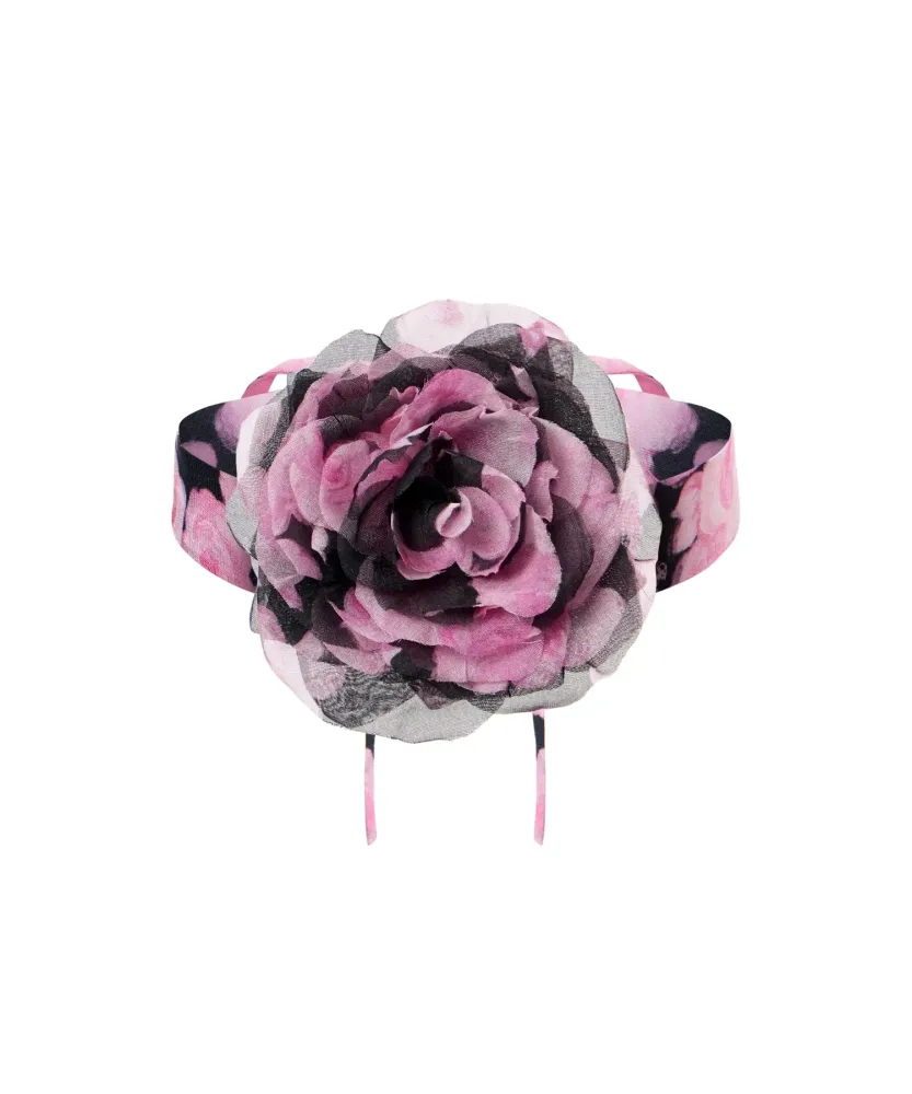 Floriena, чокер с розой из черного шифона с крупными розовыми цветами