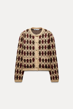 ZARA КАРДИГАН С УЗОРОМ «РОМБЫ», РЫЖЕВАТО-КОРИЧНЕВЫЙ