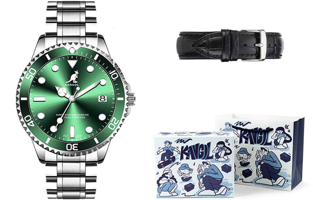 KANGOL Kangaroo Diver Collection Quartz Movement Stainless Steel Watchband Watch Men"s Watches Green Dial
