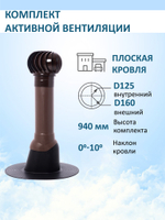 Комплект активной вентиляции: Вентиляционный выход изолированный D125/160/700 утепленный, проходной элемент для плоской кровли ТП-187, турбодефлектор Ø 160 мм, коричневый