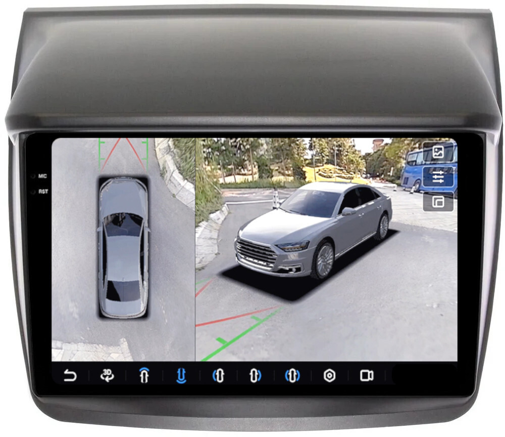 Магнитола для Mitsubishi L200 4, Pajero Sport 2 2006-2016 - FarCar BX094M-360 монитор 9.5" 2K QLED на Android 13, 6Гб+128Гб, CarPlay, 4G SIM-слот, 4 камеры в комплекте