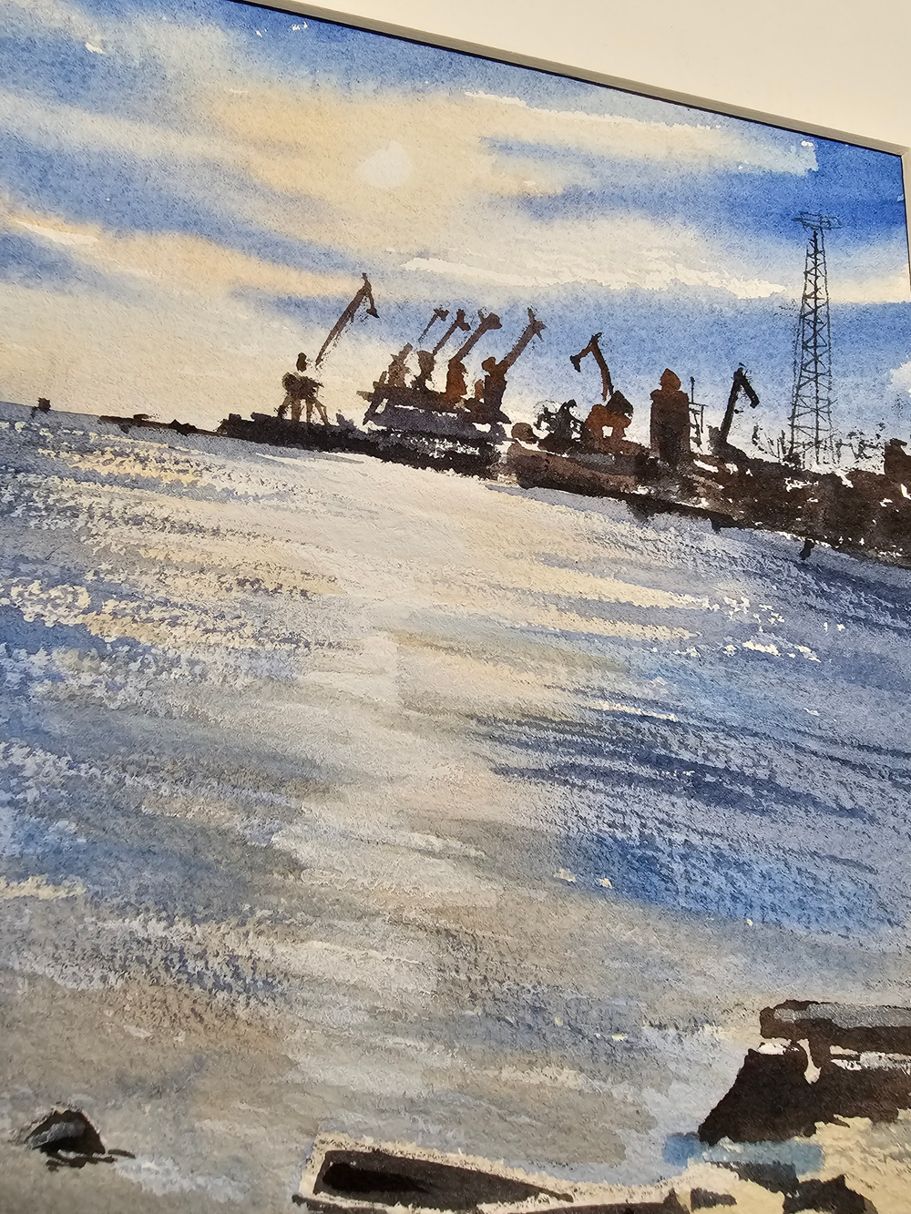 Картина авторская акварельная в паспарту 21*30 см на стену для интерьера "Зимний рассвет на портом в Таганроге"