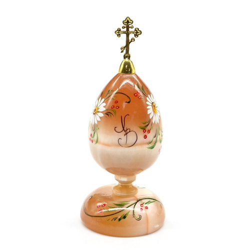 Скульптура из селенита "Яйцо с крестом" большое с росписью ромашки 50*50*117мм