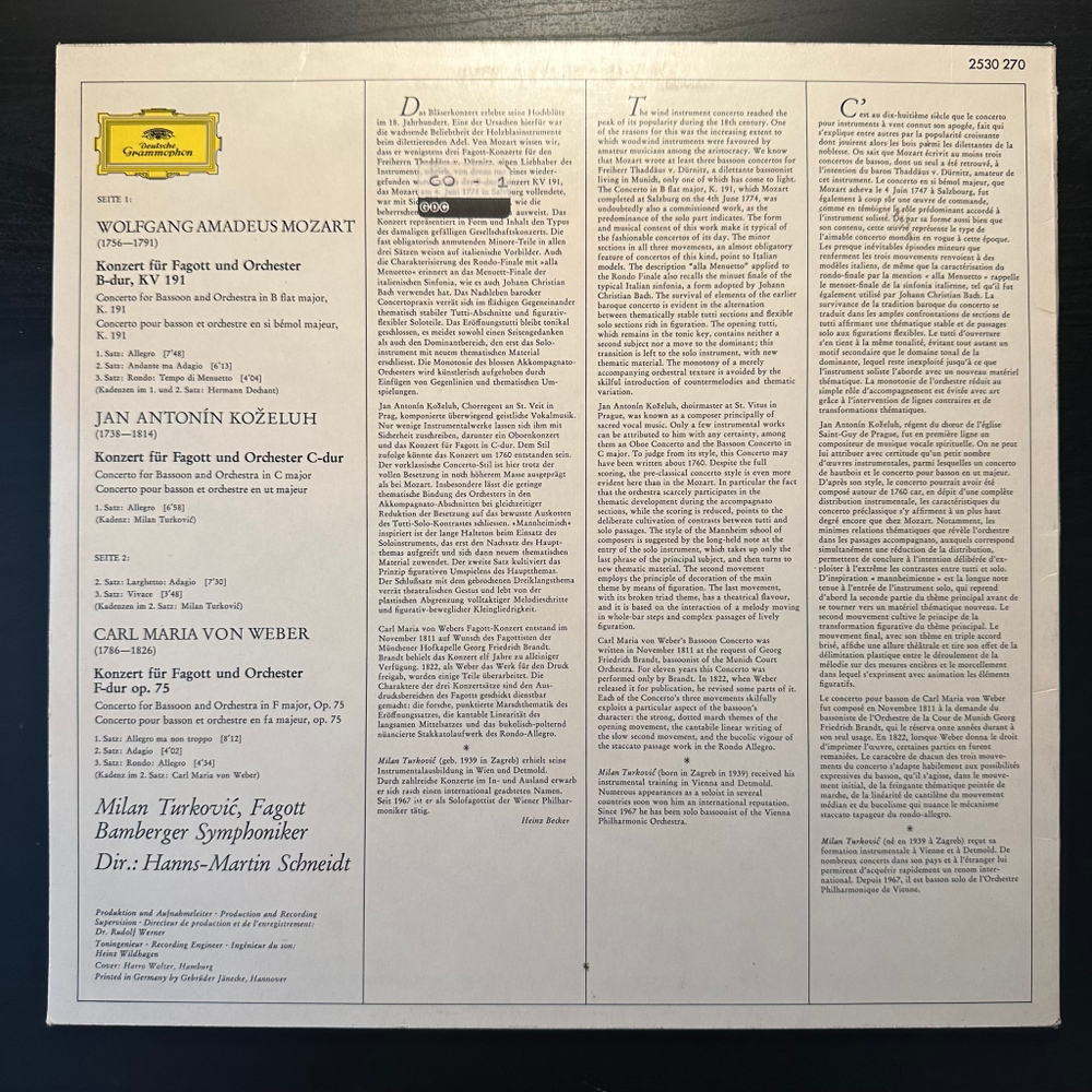Моцарт, Кожелух, Вебер - Концерты для фагота (Германия 1973г.)