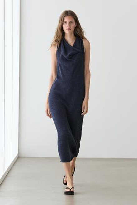 Massimo Dutti Вязаное платье миди с драпированным вырезом, темно-синий