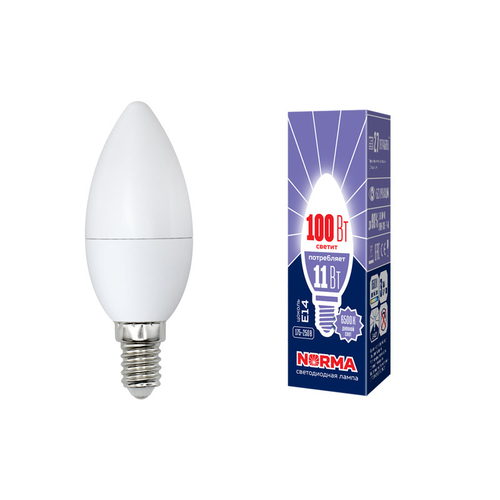 LED-C37-11W/DW/E14/FR/NR Лампа светодиодная. Форма свеча, матовая. Серия Norma. Дневной белый свет (6500K). Картон. ТМ Volpe