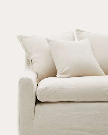 Чехол на 3-местный диван Zenira с подушками из хлопка и льна бежевого цвета, 230 см