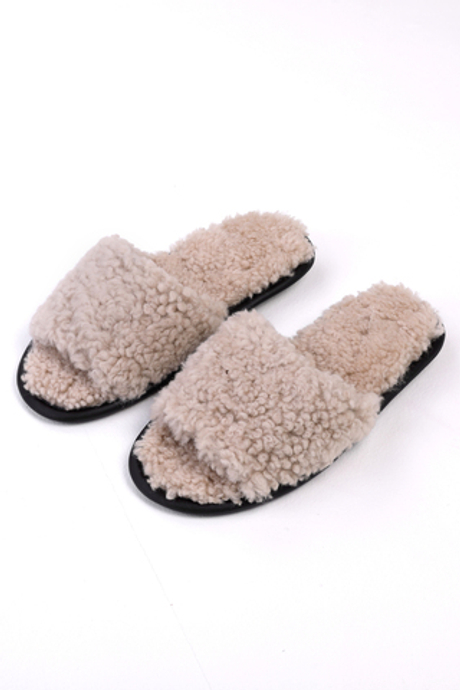 Бежевые открытые тапочки из овчины "Тедди" для дома, женские
