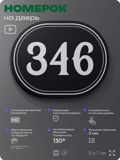 Номерок на дверь квартиры 346, для кабинета, офиса, шильдик 9 х 7 см, черный, Айдентика Технолоджи