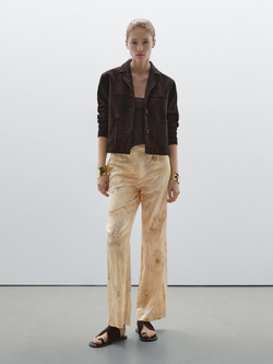 Massimo Dutti Брюки прямого кроя из струящейся ткани с металлическим блеском, ванильный