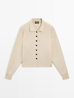 Massimo Dutti Кардиган из хлопкового трикотажа с воротником поло, ванильный