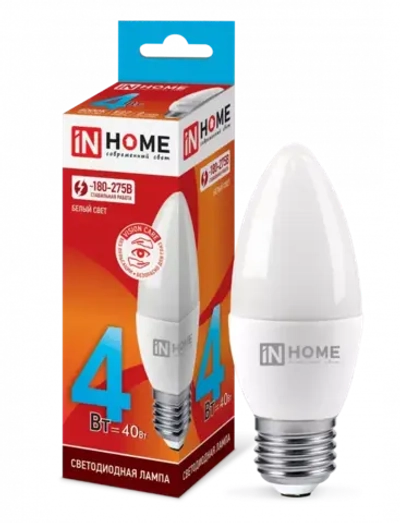 Лампа светодиодная LED-СВЕЧА-VC 4Вт 230В Е27 4000К БЕЛЫЙ 360Лм IN HOME