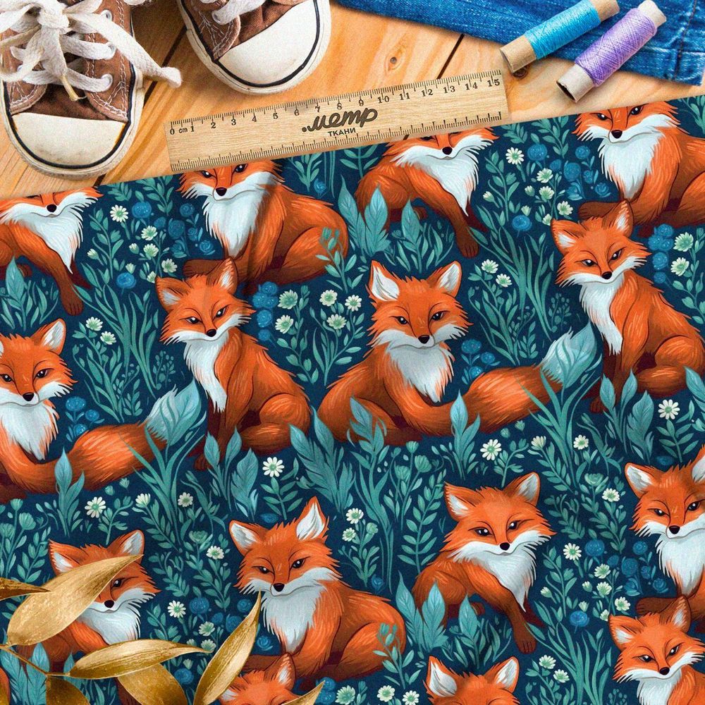 Ткань Ниагара Софт лисята на сероголубом